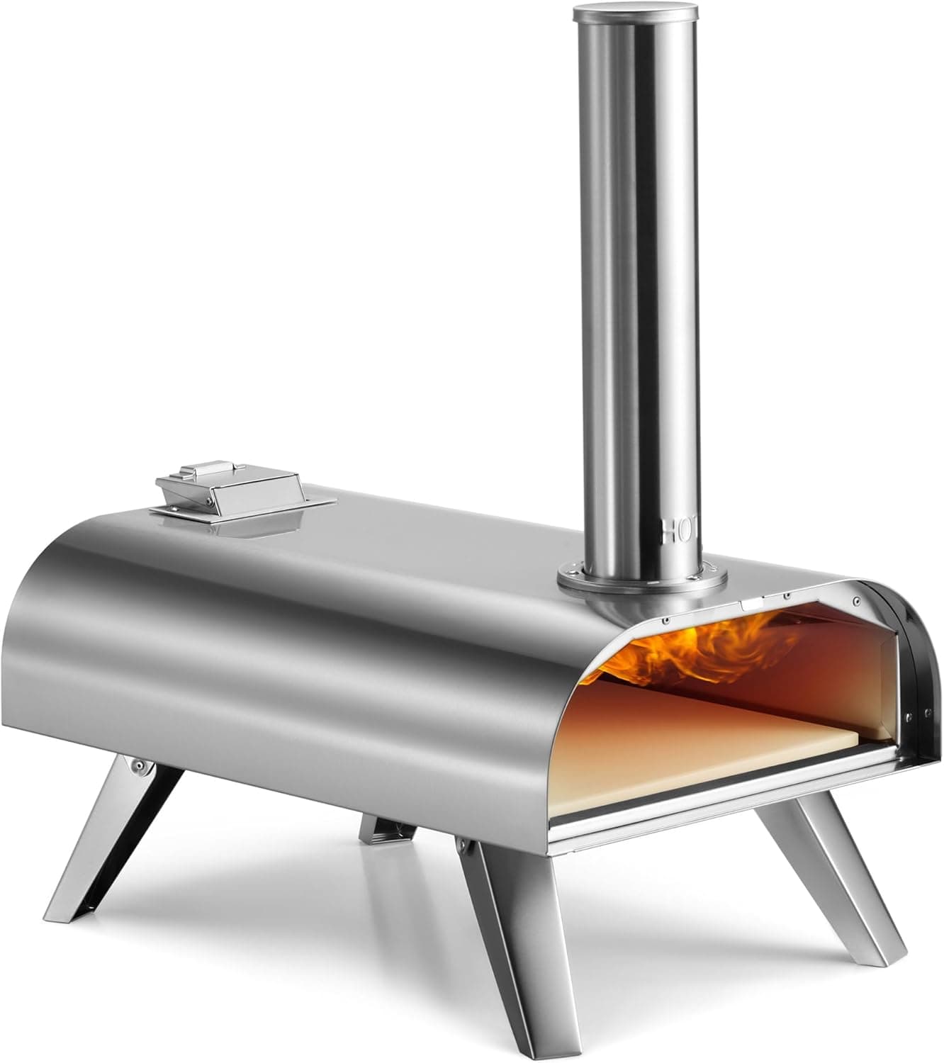 VonHaus Pizza Oven Outdoor – For Tabletop with Stone Included – Stainless Steel, Pellet Fuelled, Removable Chimney, Foldable Legs – For up to 12" Dough – Can Also Smoke Meat, Fish & Veg